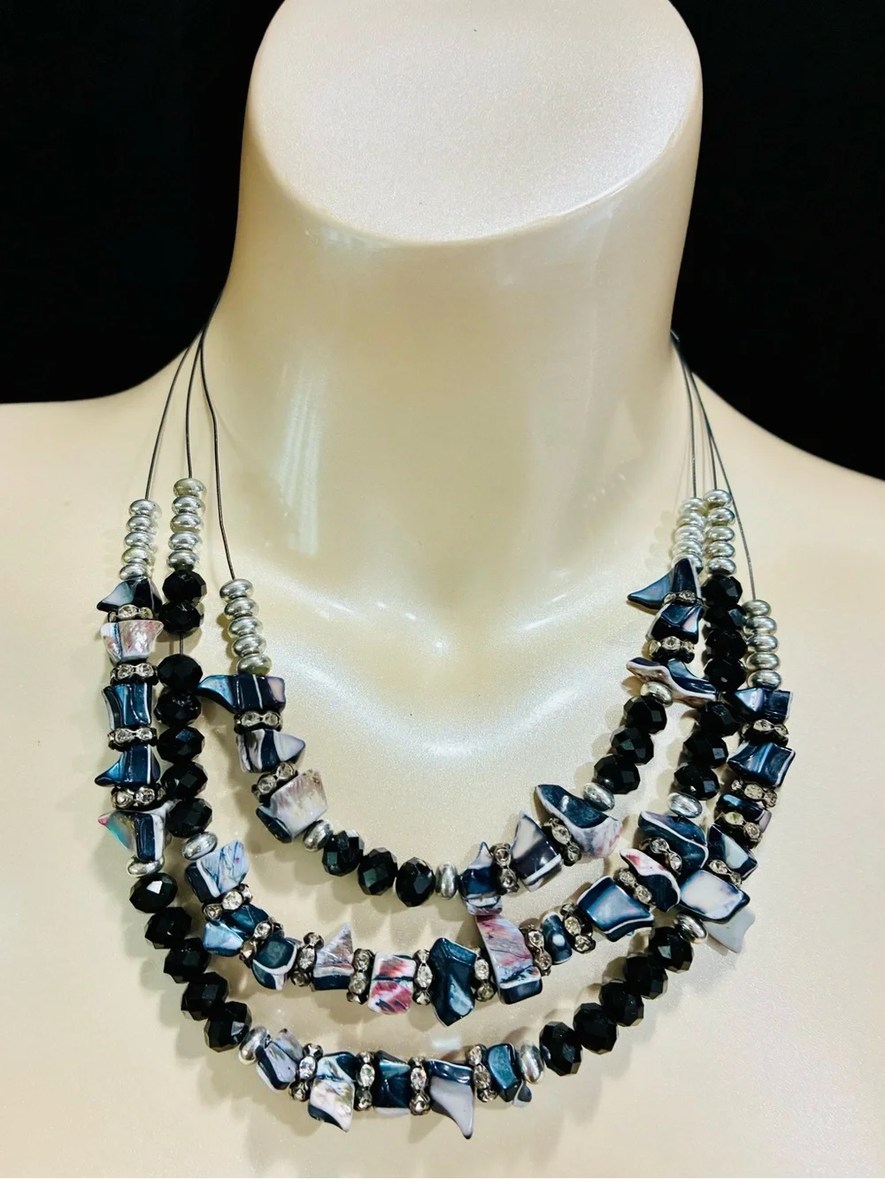 Multi-Strand Mother Of Pearl Chunky BLK & Iridescent Beaded Statement Necklace